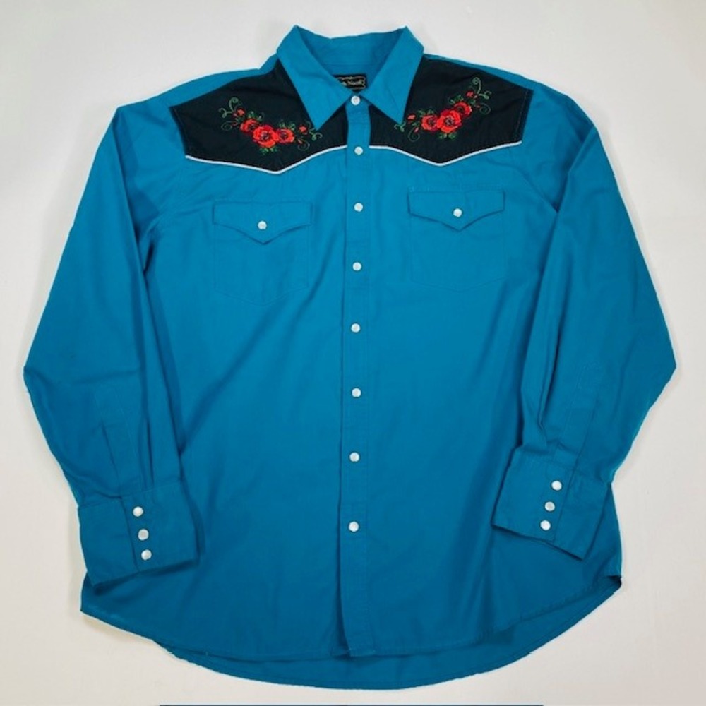 High Noon Mens XL Teal Blue Floral Embroidered Pearl‎ Snap Western Shirt Cowboy